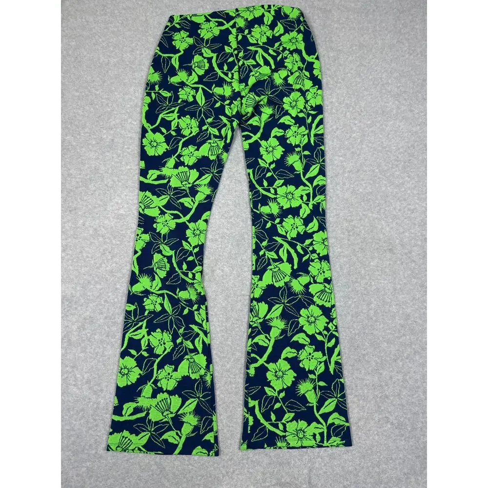 Zara Womens Size L Green Blue Jacquard Floral Print Flare Pull On Pants - Picture 2 of 9